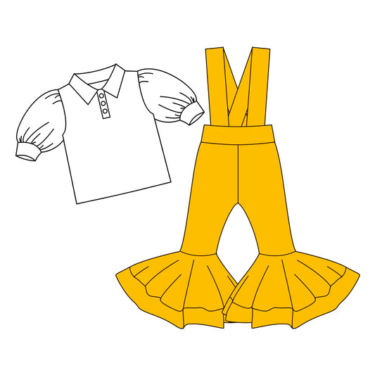 7.4Preorder (moq 5)Baby Girls Button Shirts Top Yellow Bell Bottom Overalls 2 Piece Clothes Sets