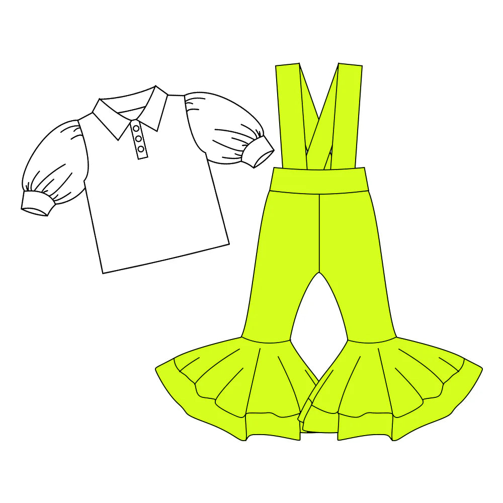 7.4Preorder (moq 5)Baby Girls Button Shirts Top Aqua Bell Bottom Overalls 2 Piece Clothes Set