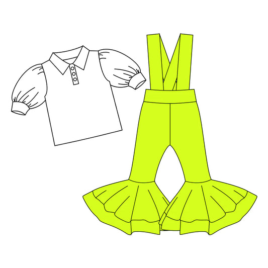 7.4Preorder (moq 5)Baby Girls Button Shirts Top Aqua Bell Bottom Overalls 2 Piece Clothes Set
