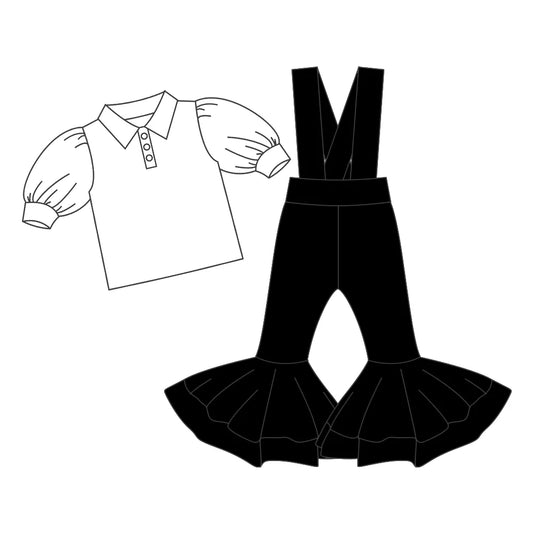 7.4Preorder (moq 5)Baby Girls Button Shirts Top Black Bell Bottom Overalls 2 Piece Clothes Set