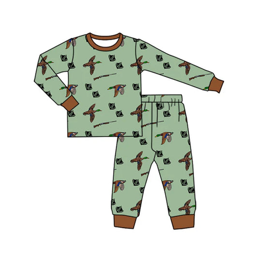 7.4Preorder (moq 5)Baby Boys Long Sleeves Green Ducks Plaid Top Pant Pajamas Clothes Set