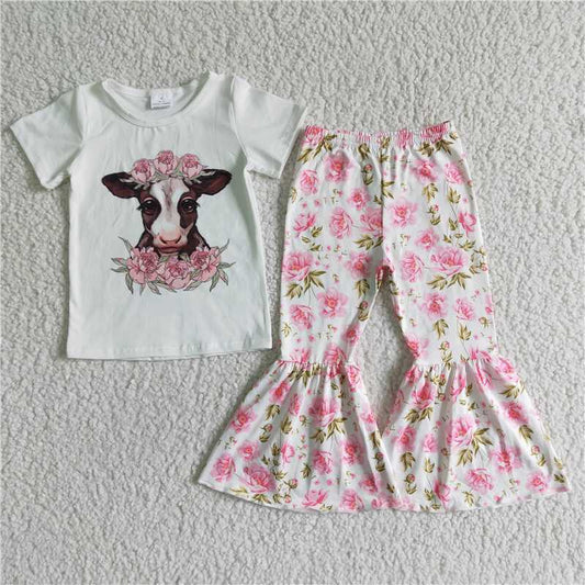 cow shirt pink flower bell pants girls sets kids clothes