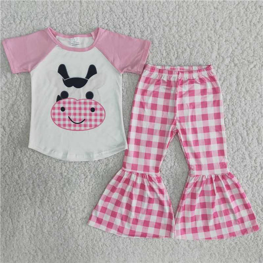 cow shirt pink Plaid bell pants girls sets kids clothes