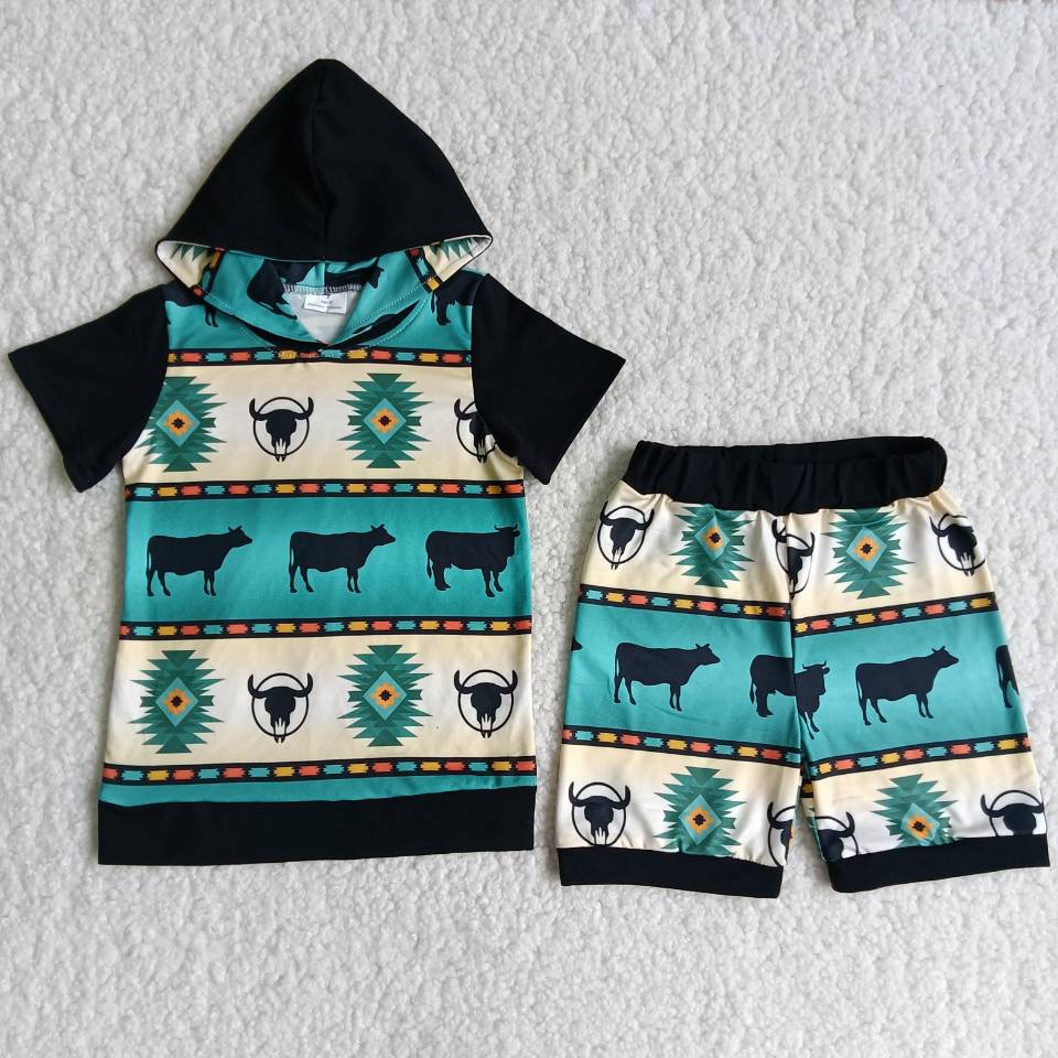 Hooded Cow Pattern boys summer sets short sleeve shorts 2 pcs suit