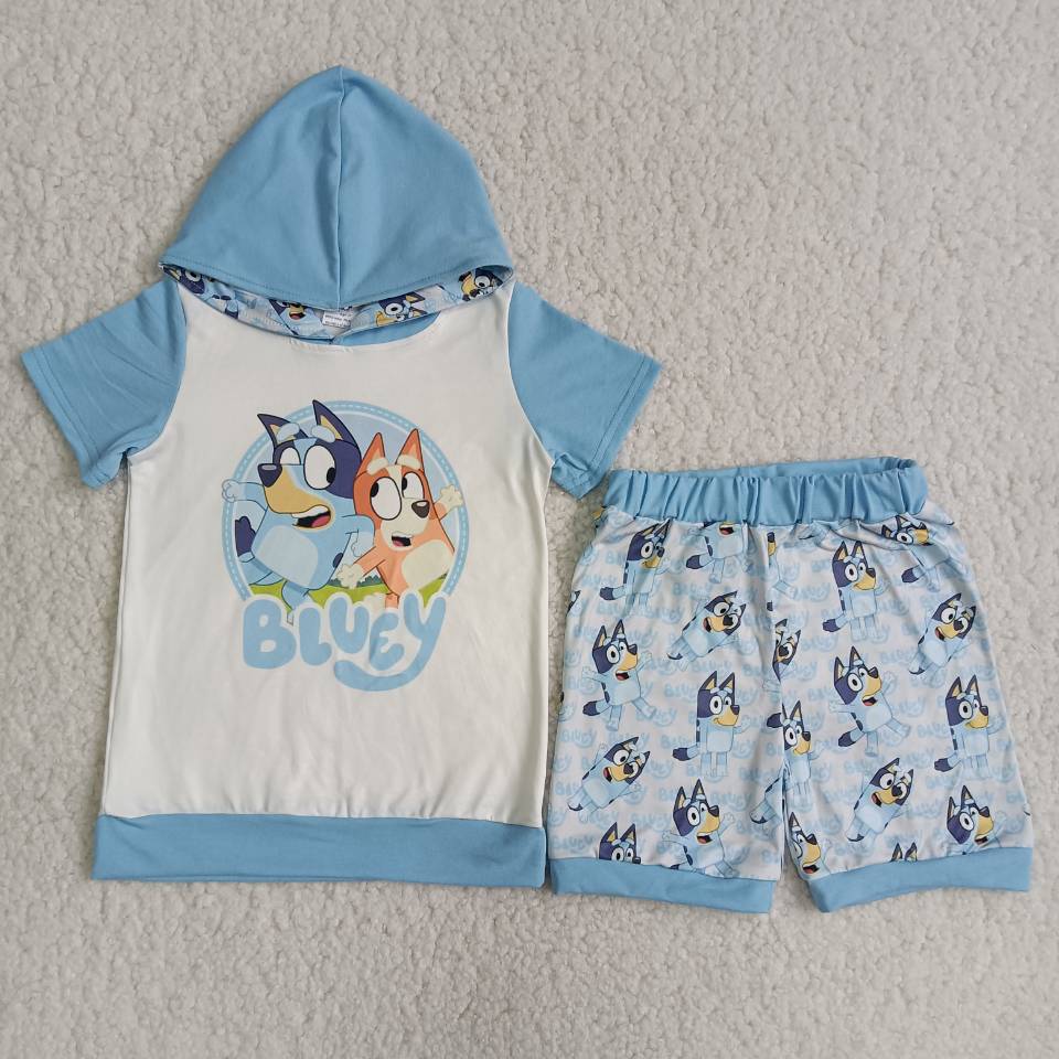 blue dogs hooded boys summer sets short sleeve shorts 2 pcs suit