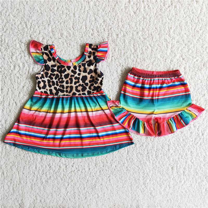 striped leopard print girls summer dress sets 2 pieces shorts outfits