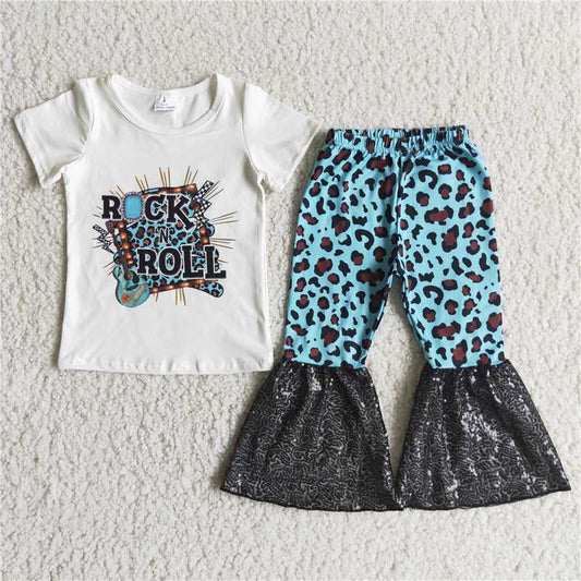 rock roll shirt leopard sequins bell pants girls sets kids clothes