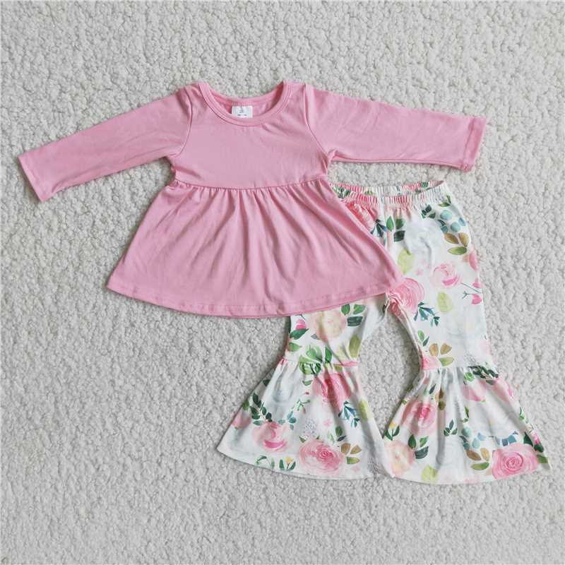 pink top flower bell pants 2 pieces girl sets kids clothes