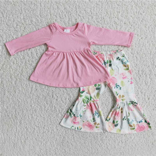 pink top flower bell pants 2 pieces girl sets kids clothes