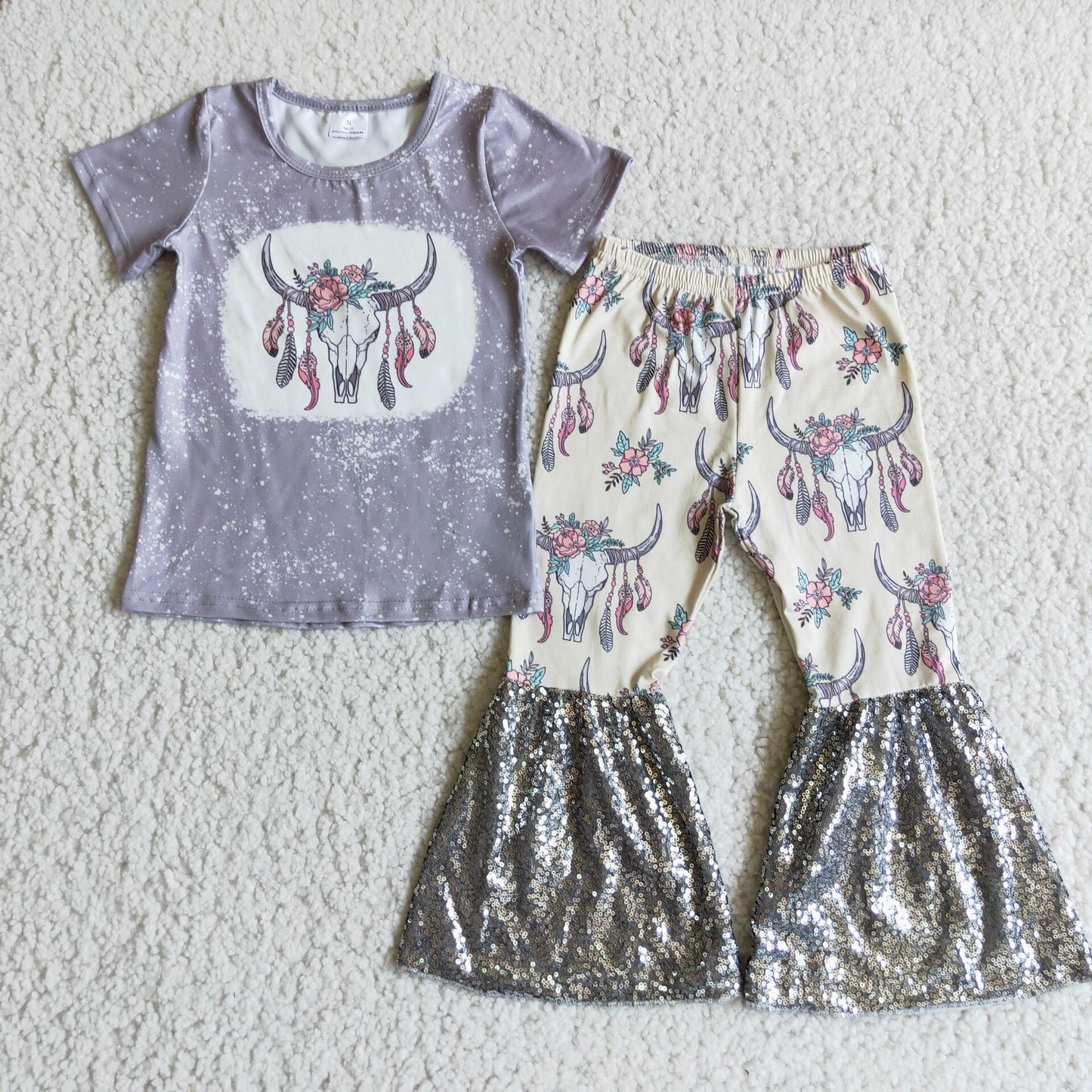 cow shirt sequins bell pants girls sets kids clothes