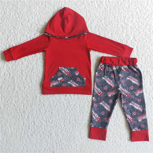 red fire truck boys winter hooded long sleeve top and long pants sets