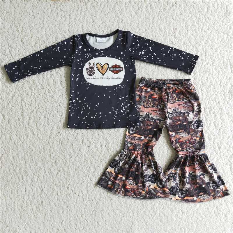 peace love Harley shirt and bell pants 2 pieces girls outfits kids clothes