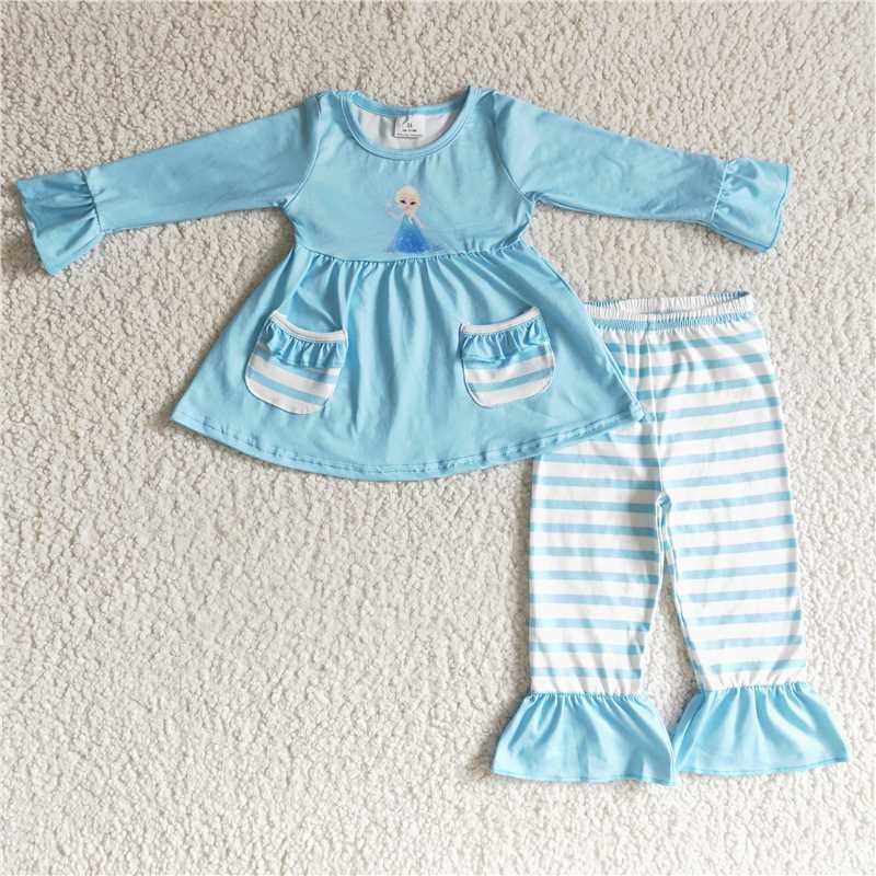 Frozen pockets top stripe pants 2 pieces girl sets kids clothes