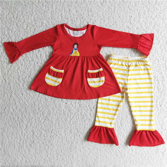 snow White pockets top stripe pants 2 pieces girl sets kids clothes