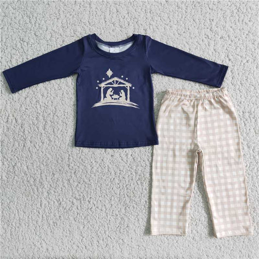 fall Jesus pajamas suit boys navy long sleeve top pants 2 pieces outfits winter sets