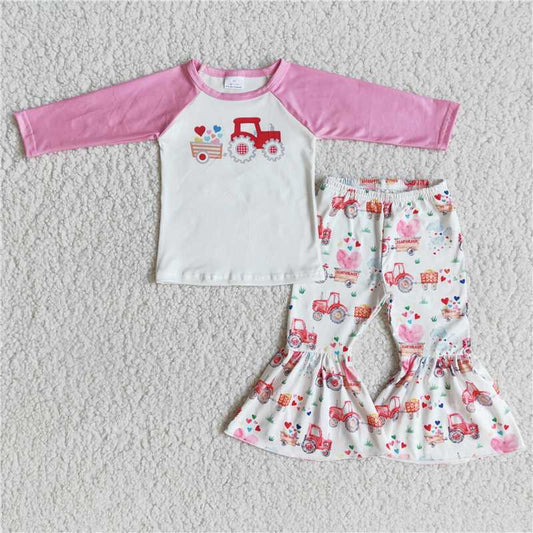 love heart truck tractor bell pants sets happy Valentine's Day Girls Clothes