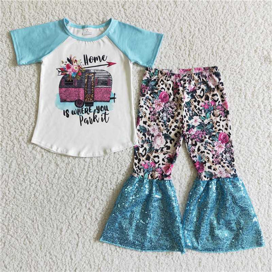 home is where you paik it shirt flower sequins bell pants girls sets kids clothes