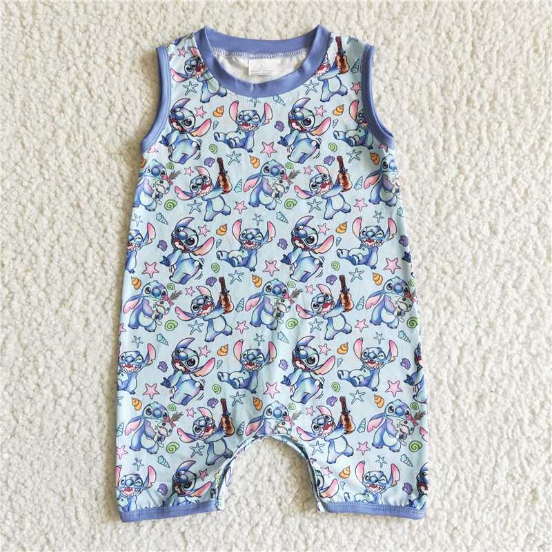 cartoon sleeveless boys rompers with hidden buckle