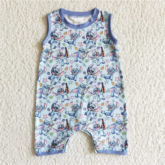 cartoon sleeveless boys rompers with hidden buckle