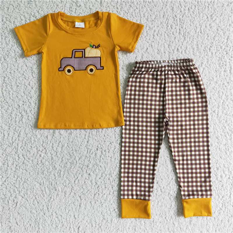 Embroidered Pumpkin fall winter boys outfits shorts sleeve shirt and long pants sets