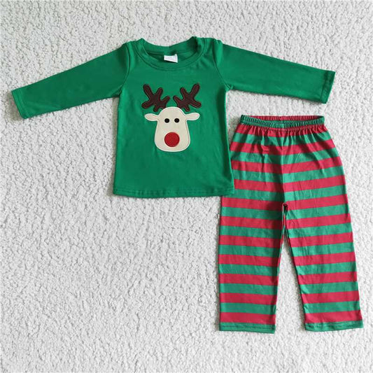 embroidery deer green christmas boys outfits pajamas suit fall winter sets