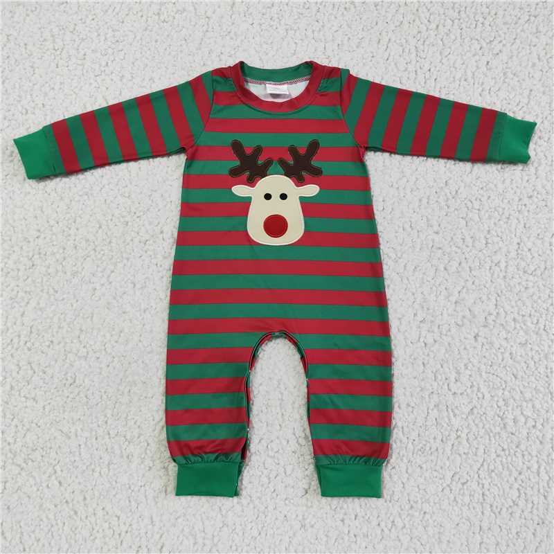 deer long sleeve stripe christmas boys rompers with hidden button