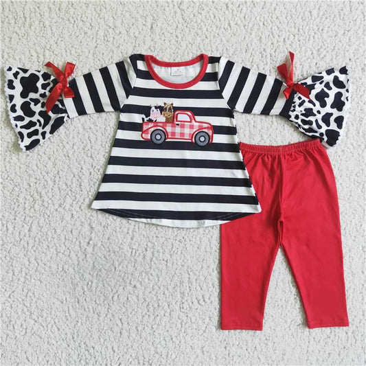 embroidery truck top red pants 2 pieces girl sets kids clothes