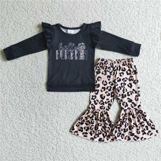 hello pumpkin shirt and leopard bell pants 2 pieces girls outfits kids clothes