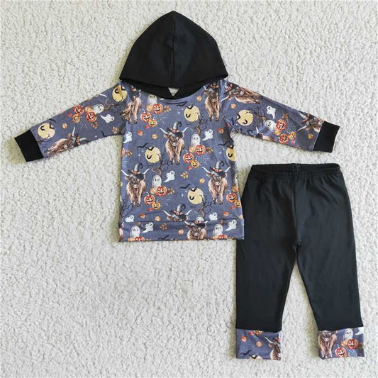 Pumpkin Highland Cow Halloween fall winter hooded long sleeve top and long pants sets