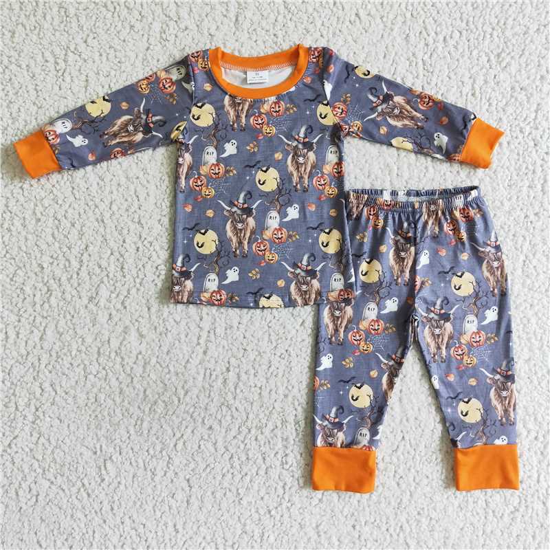 Pumpkin Highland Cow Halloween pajamas boy fall winter sets long sleeve pants outfits