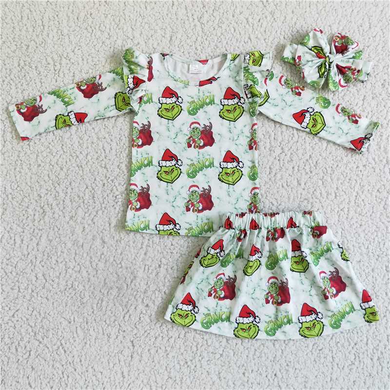 Christmas girls outfits long sleeve shirt dress suit grinch fall winter sets