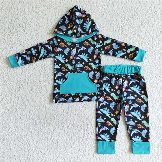 Dinosaur fall winter hooded long sleeve top and long pants sets