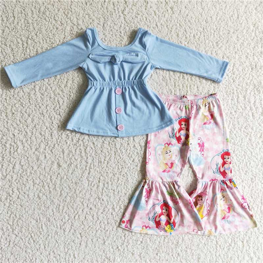 blue shirt and Princess bell pants 2 pieces girls outfits kids clothes