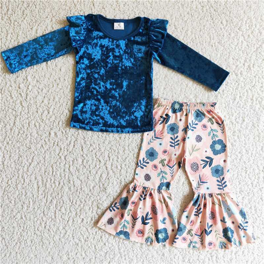 velvet top flower bell pants 2 pieces girl sets kids clothes