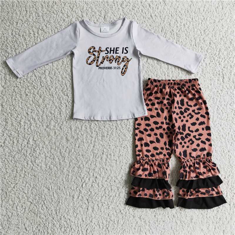 she is strong top and Leopard bell pants 2 pieces girls outfits kids clothes