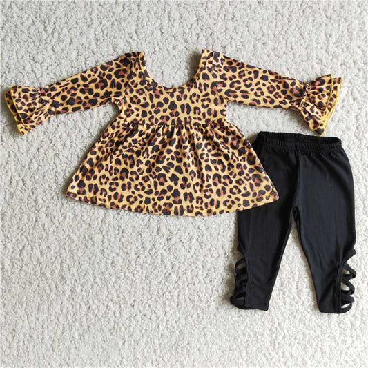 leopard top black pants 2 pieces girl sets kids clothes