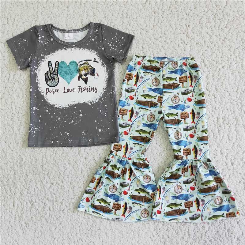 peace love fishing shirt bell pants girls sets kids clothes