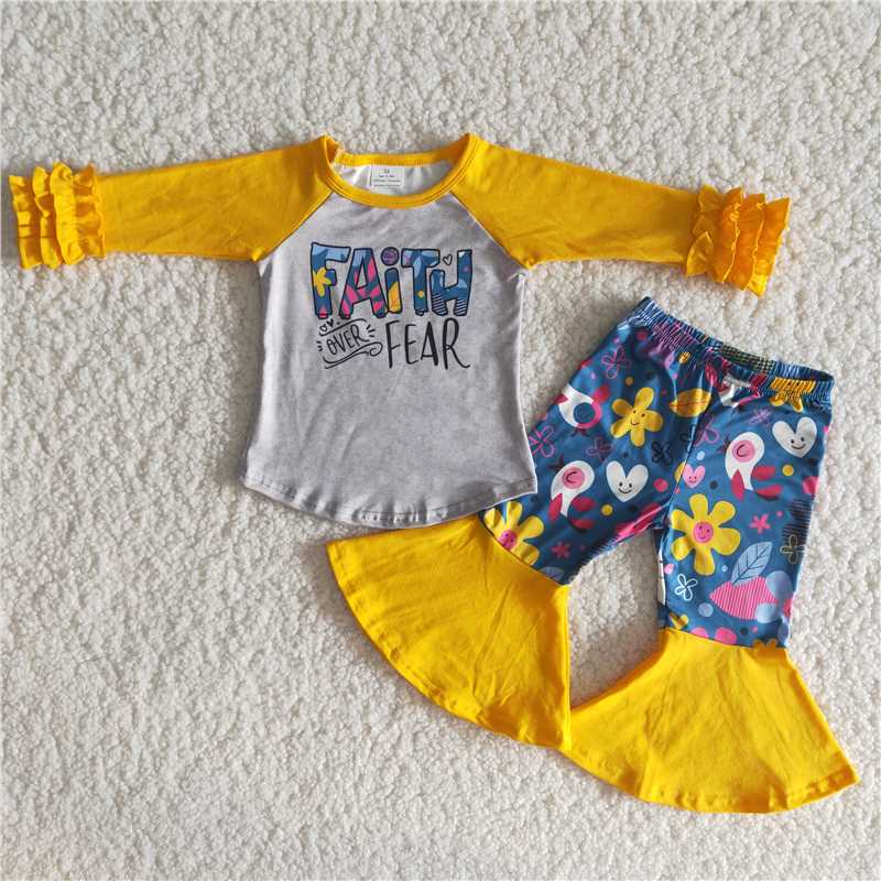 faith over fear shirt and bell pants 2 pieces girls outfits kids clothes