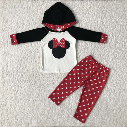 girls fall winter hooded long sleeve top and red polka dots long pants set