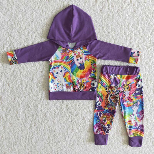 cartoon purple winter hooded long sleeve top and long pants sets