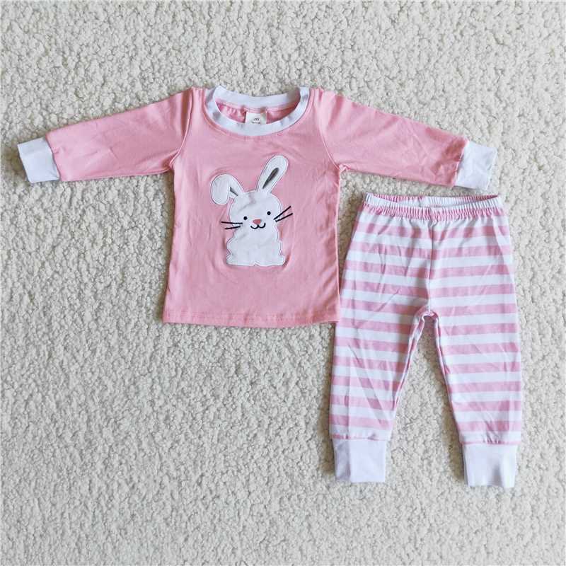 Striped Embroidered bunny pajamas suit boys match girl easter sets