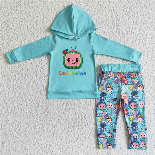 cartoon blue winter hooded long sleeve top and long pants sets