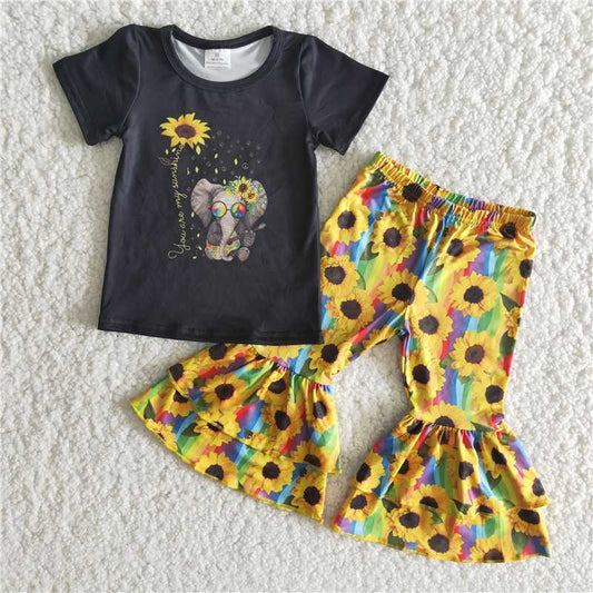 Elephant shirt sunflower bell pants girls sets kids clothes