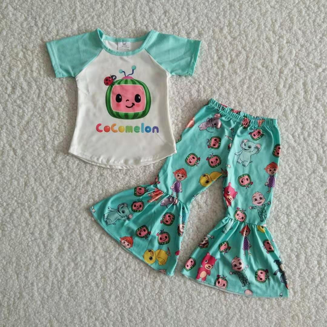 coco shirt green bell pants carton girls sets kids clothes