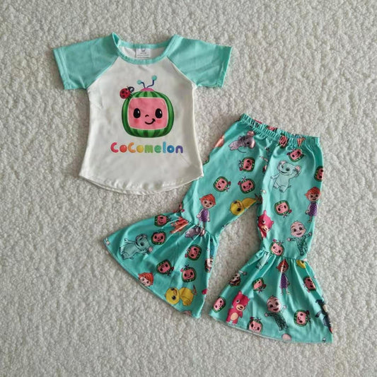 coco shirt green bell pants carton girls sets kids clothes