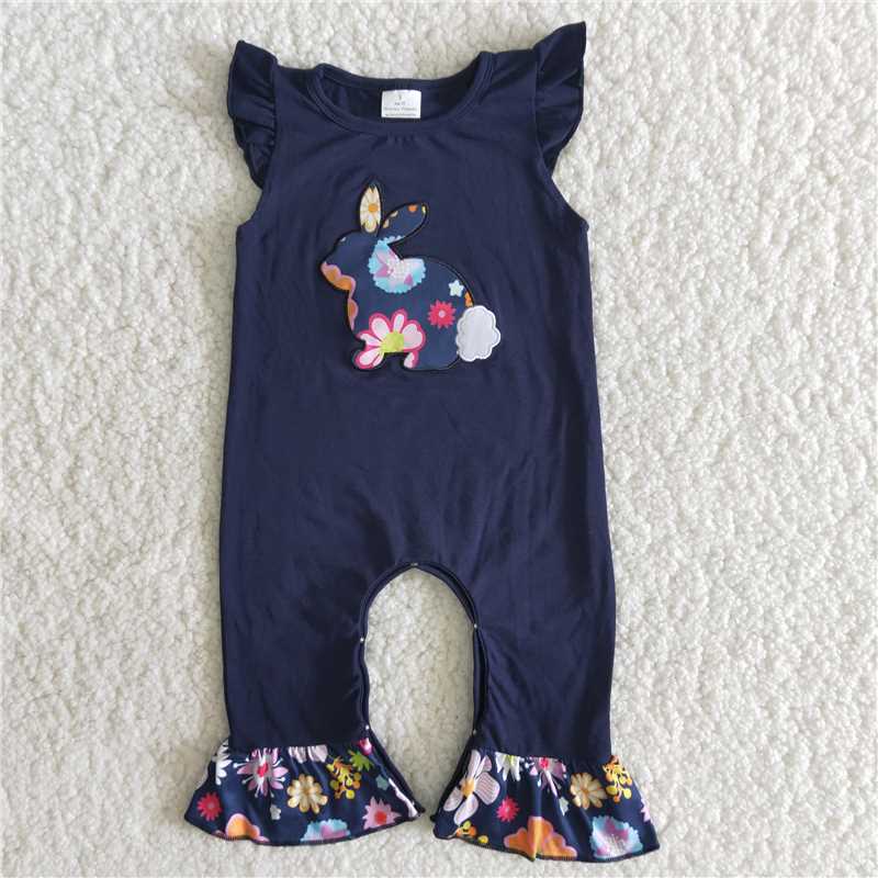 Embroidery flower bunny romper girls easter jumpsuit