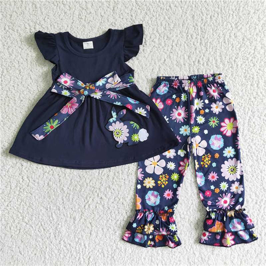 embroidery flower bunny outfits easter girls sets