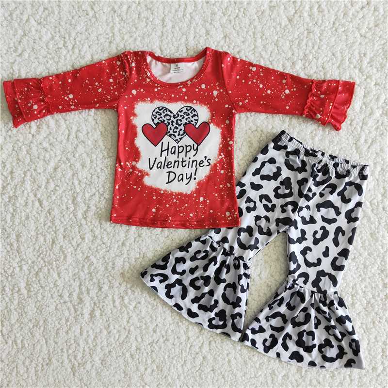 love heart Leopard bell sets happy Valentine's Day Girls Clothes