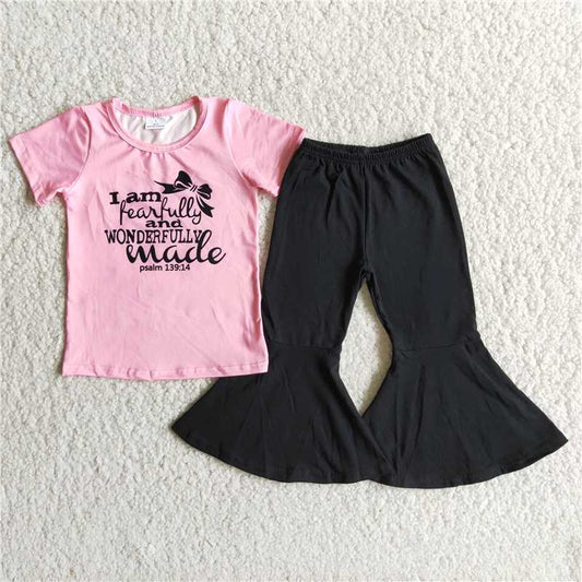 pink shirt black bell pants sale girls sets kids clothes