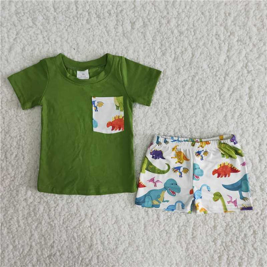 pocket dinosaur boys summer sets 2pcs short sleeve shirt and shorts suit